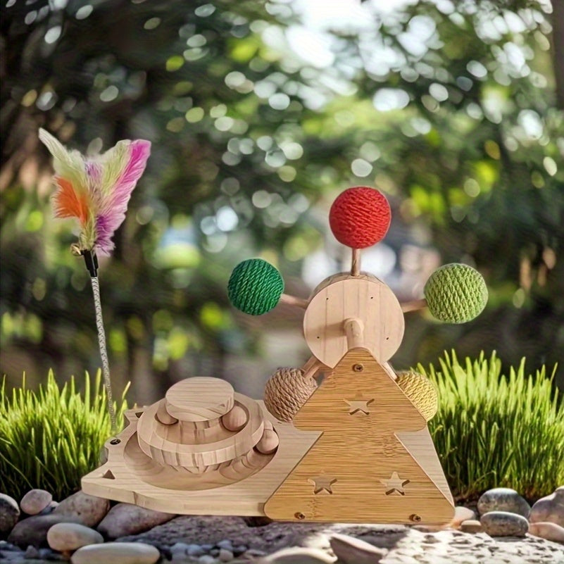 Self-help Boredom Teasing Cat Stick Cat Ferris Wheel Sisal Ball Solid Wood Cat Carousel Base Multifunctional Puzzle Cat Toys, Without Battery