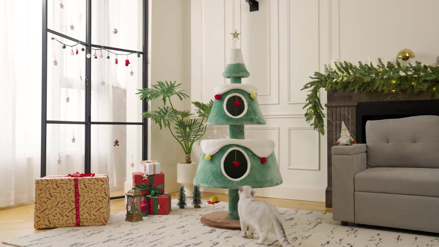 2-Tier Christmas Cat Tree with Plush Ball & Star - Festive Green & White Design, Cat House & Toy for Indoor Cats, Perfect for Holiday Decor, Indoor Cat Furniture | Festive Cat Tree | Star-Topped Tree, Cat Toys