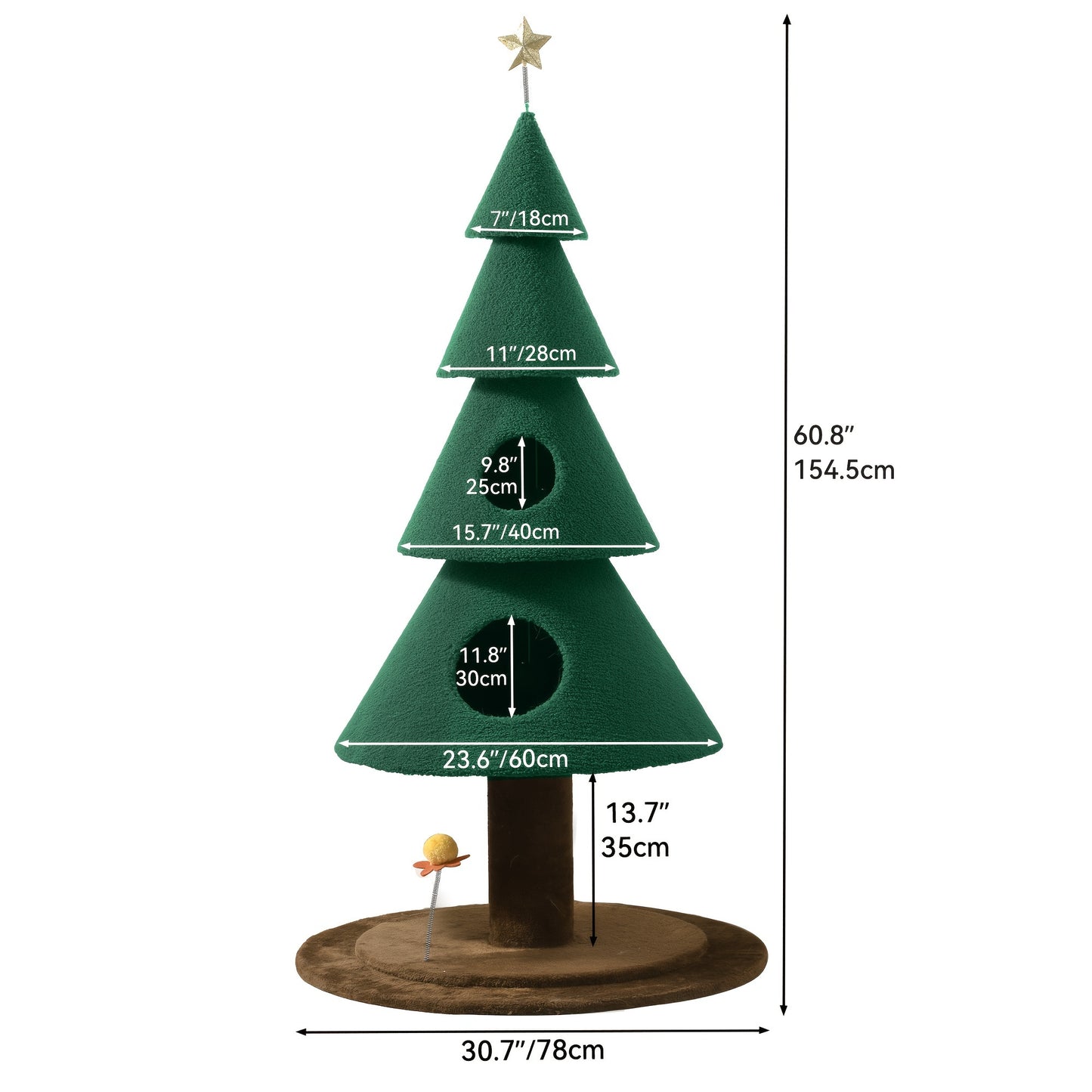 2-Tier Christmas Cat Tree with Plush Ball & Star - Festive Green & White Design, Cat House & Toy for Indoor Cats, Perfect for Holiday Decor, Indoor Cat Furniture | Festive Cat Tree | Star-Topped Tree, Cat Toys