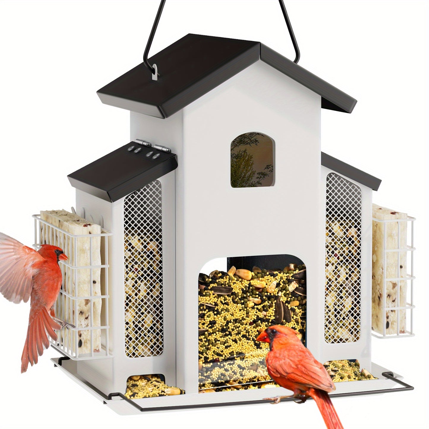Metal Bird Feeder With 3 Mesh Side Cages - Large Capacity Outdoor Hanging Feeder For Finches, Cardinals, Chickadees - Durable Garden Bird Food Dispenser Attracting Small Birds, Classic Design | Weatherresistant Material, Bird