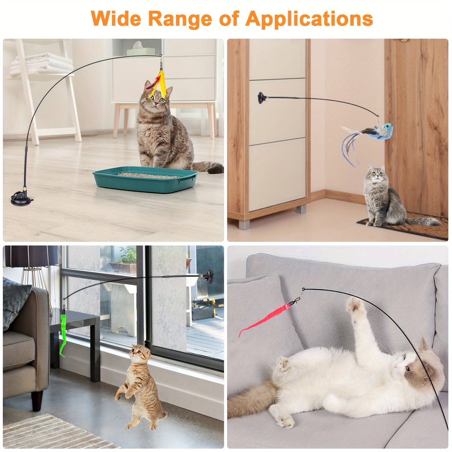 Cat Feather Toys, 10PCS Cat Toys with Super Suction Cup, Detachable 2PCS Cat Wand Toys & 6PCS Replacement Teaser Refills with Bell, Interactive Cat Toy for Indoor Cats Kitten Play Exercise