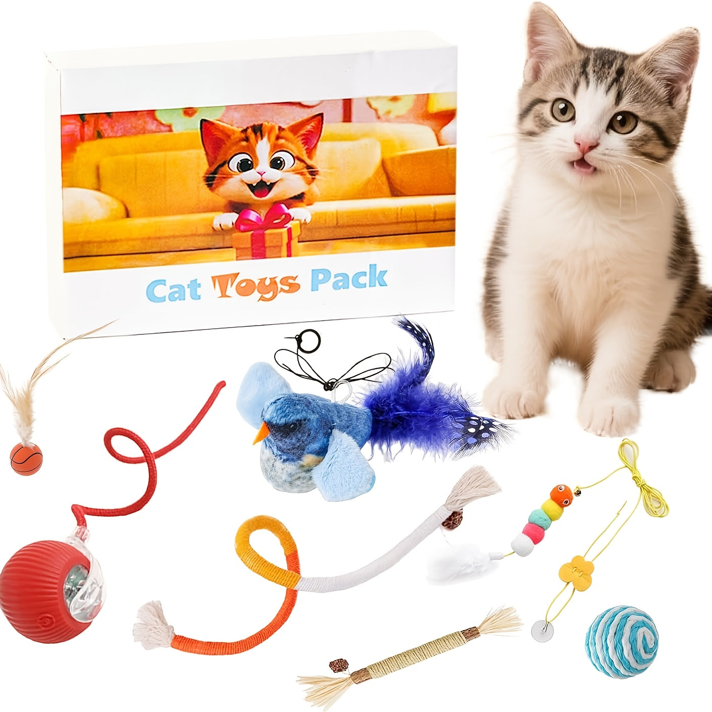 Cat Toys for Indoor Cats- 7pcs Emrichment with Speedy Tail Moving Ball, Chirping Bird, Silvervine Sticks, Chew Rope, 2 Cat Ball, Caterpillar, Interactive Cat Toys for Bored Indoor Adult Cats, Cats Accessories And Supplies, Fe