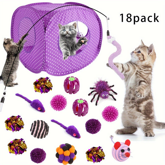 18-Pack Cat Toy Set with Collapsible Tunnel, Assorted Plush Mice, Ball Toys, Teaser Wand, Sisal Mouse, and Bell Balls - Interactive Polyester Blend Cat Toys for Playtime and Teething