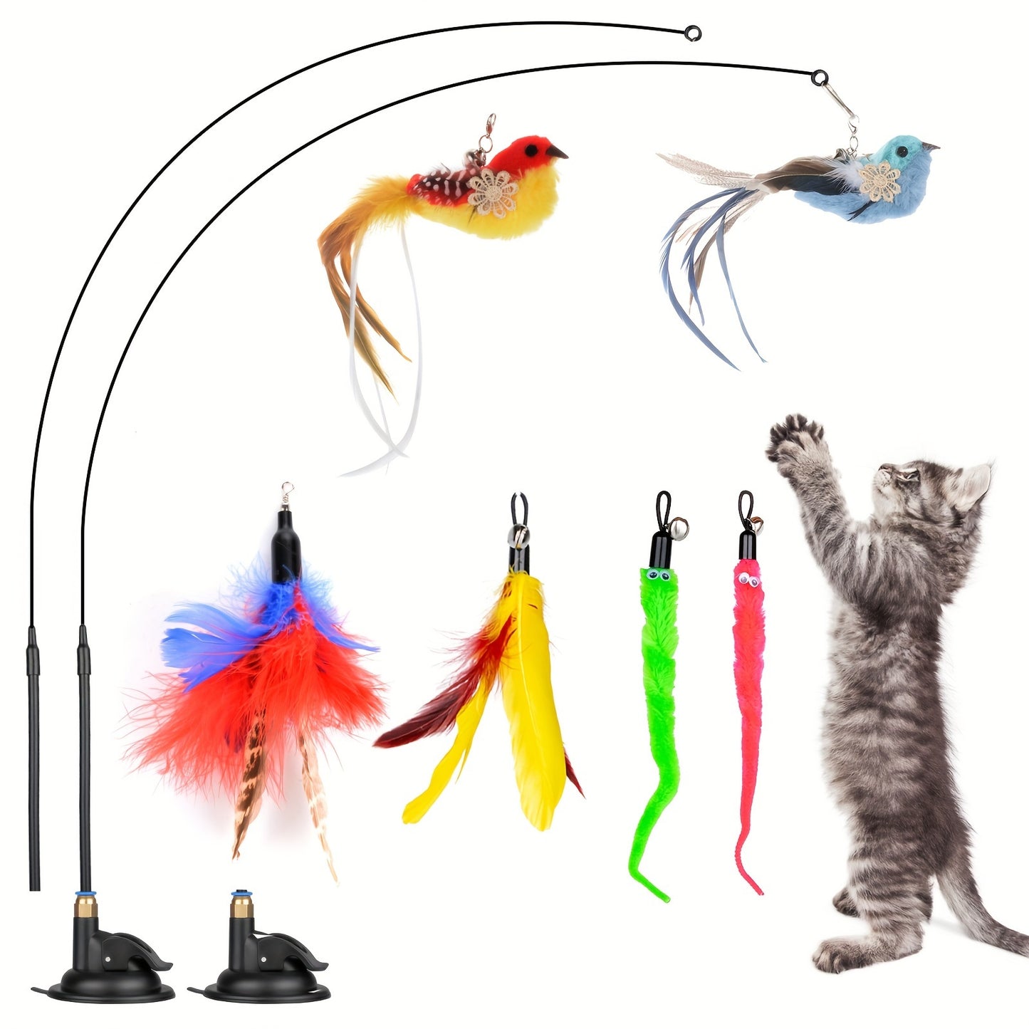 Cat Feather Toys, 10PCS Cat Toys with Super Suction Cup, Detachable 2PCS Cat Wand Toys & 6PCS Replacement Teaser Refills with Bell, Interactive Cat Toy for Indoor Cats Kitten Play Exercise