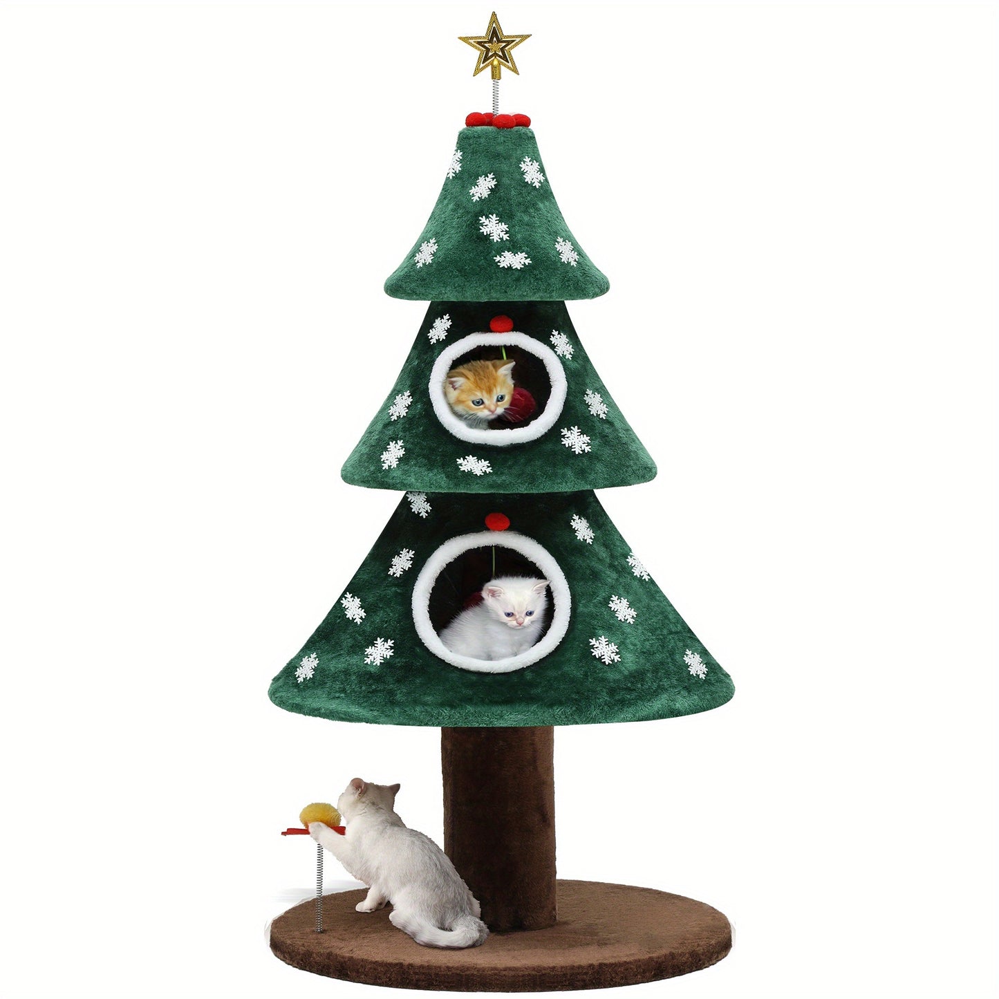2-Tier Christmas Cat Tree with Plush Ball & Star - Festive Green & White Design, Cat House & Toy for Indoor Cats, Perfect for Holiday Decor, Indoor Cat Furniture | Festive Cat Tree | Star-Topped Tree, Cat Toys