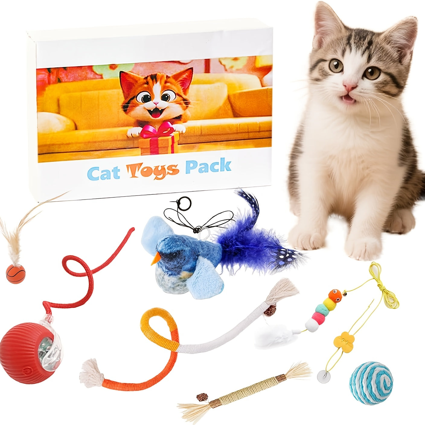 Cat Toys for Indoor Cats- 7pcs Emrichment with Speedy Tail Moving Ball, Chirping Bird, Silvervine Sticks, Chew Rope, 2 Cat Ball, Caterpillar, Interactive Cat Toys for Bored Indoor Adult Cats, Cats Accessories And Supplies, Fe