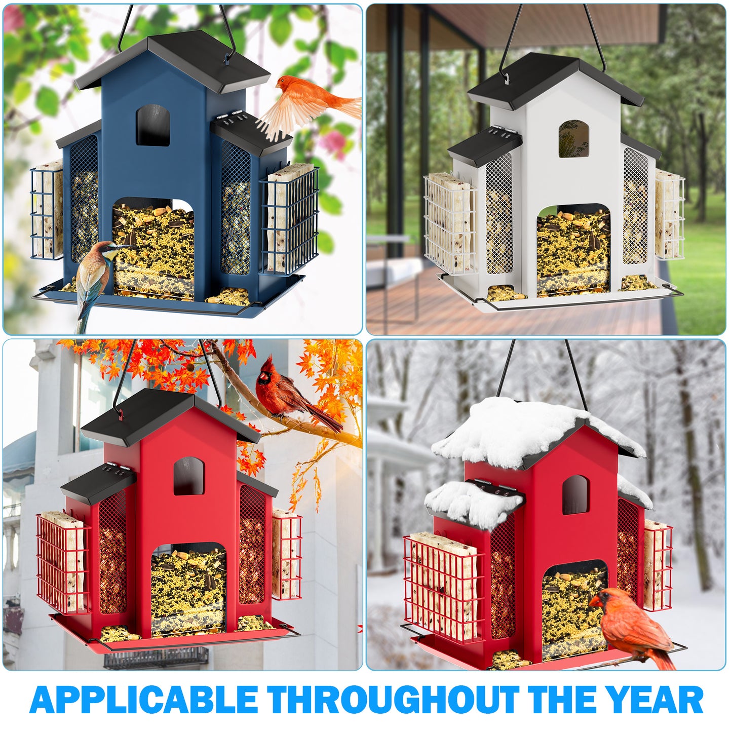 Metal Bird Feeder With 3 Mesh Side Cages - Large Capacity Outdoor Hanging Feeder For Finches, Cardinals, Chickadees - Durable Garden Bird Food Dispenser Attracting Small Birds, Classic Design | Weatherresistant Material, Bird