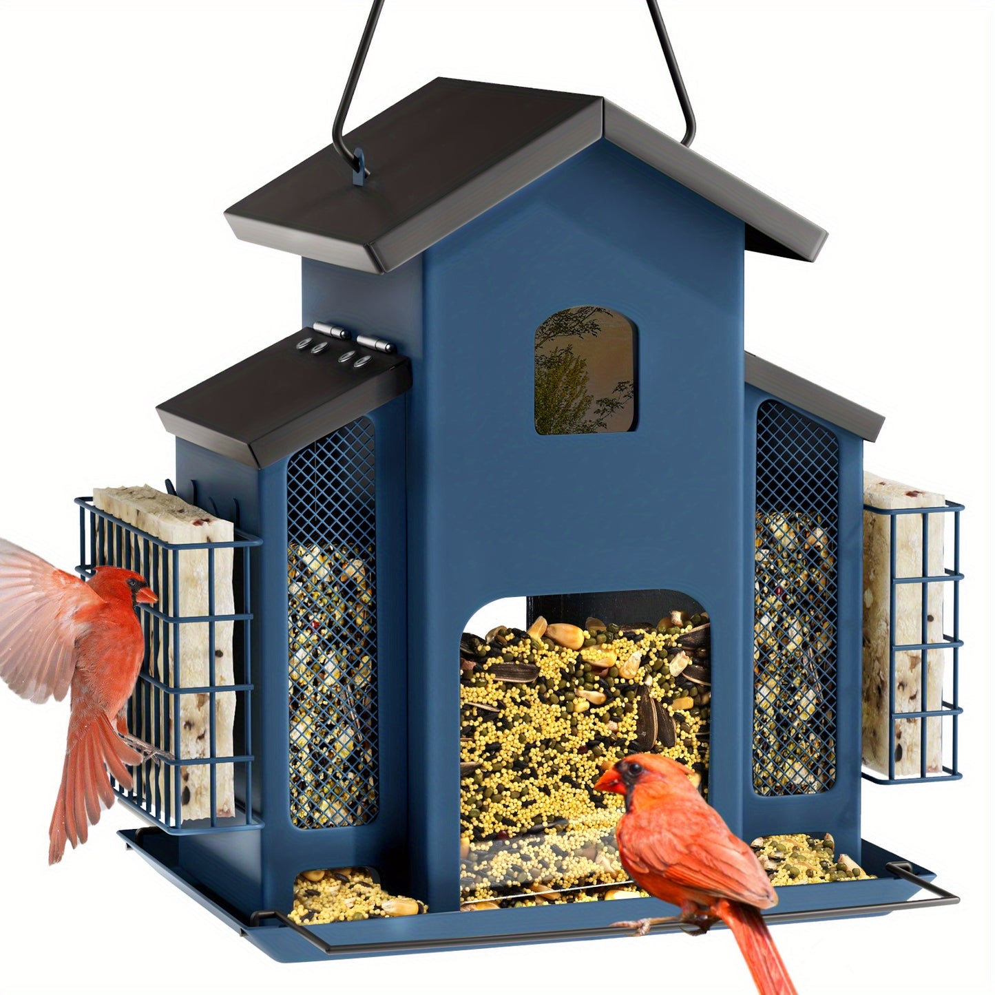 Metal Bird Feeder With 3 Mesh Side Cages - Large Capacity Outdoor Hanging Feeder For Finches, Cardinals, Chickadees - Durable Garden Bird Food Dispenser Attracting Small Birds, Classic Design | Weatherresistant Material, Bird