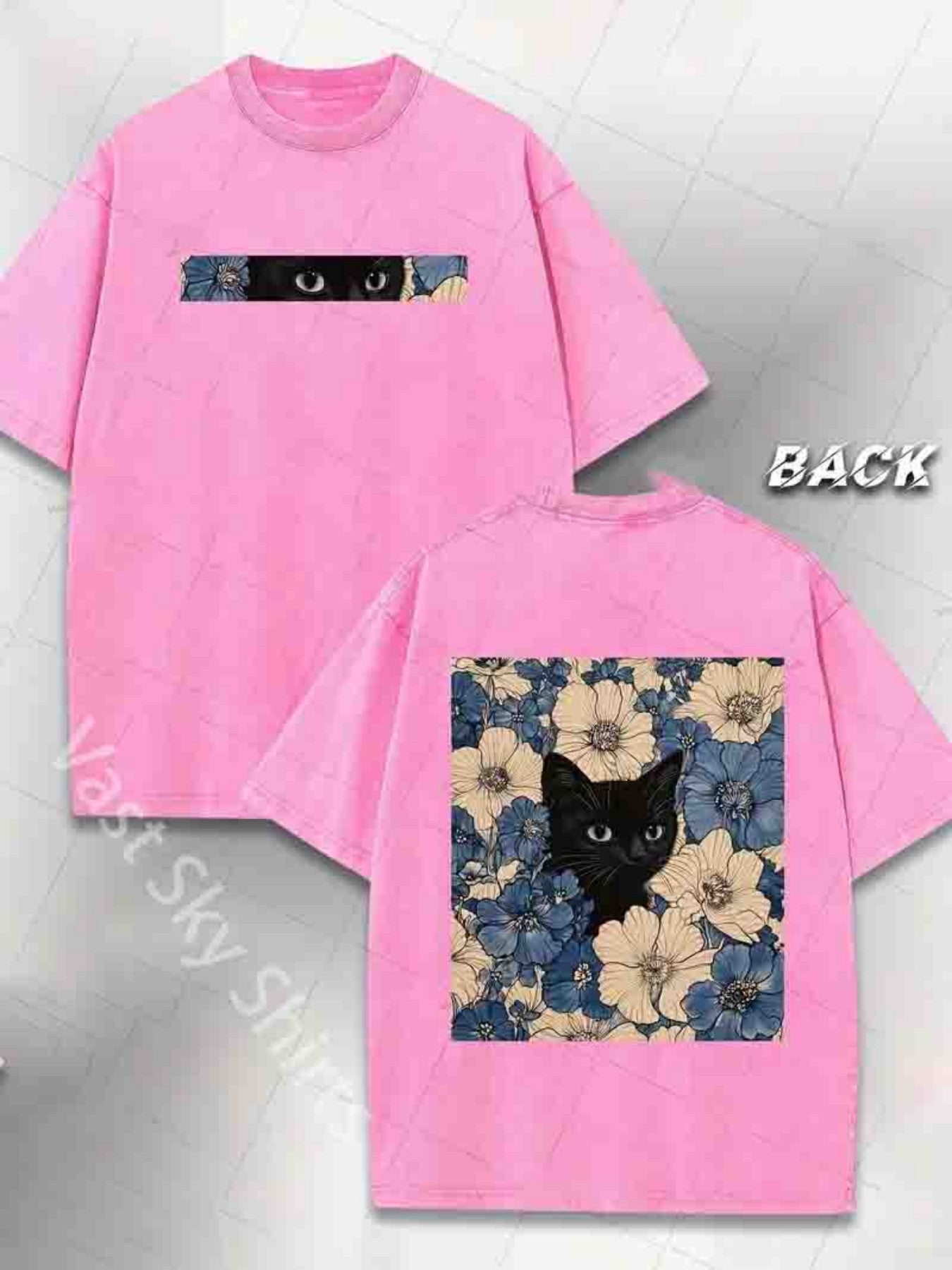 Men'S Casual Street Style T-Shirt, 230G Double-Sided Washed Fabric, Black Cat & Floral Print, Round Neck, Regular Fit, Short Sleeve, All-Season Outdoor Tee, Classic Gift for Hiking & Daily Wear, Hiking Apparel | Street Style