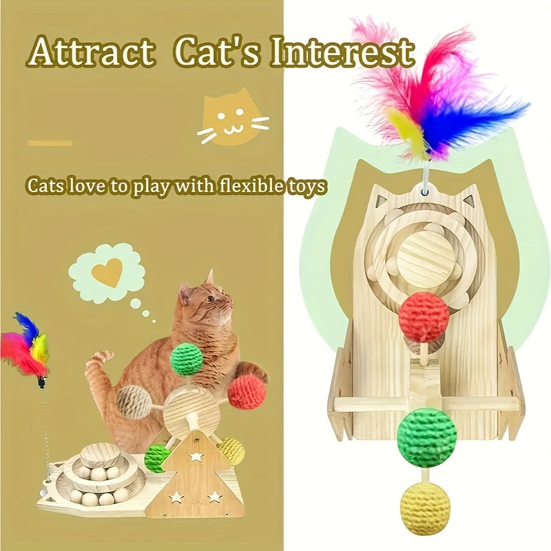 Self-help Boredom Teasing Cat Stick Cat Ferris Wheel Sisal Ball Solid Wood Cat Carousel Base Multifunctional Puzzle Cat Toys, Without Battery