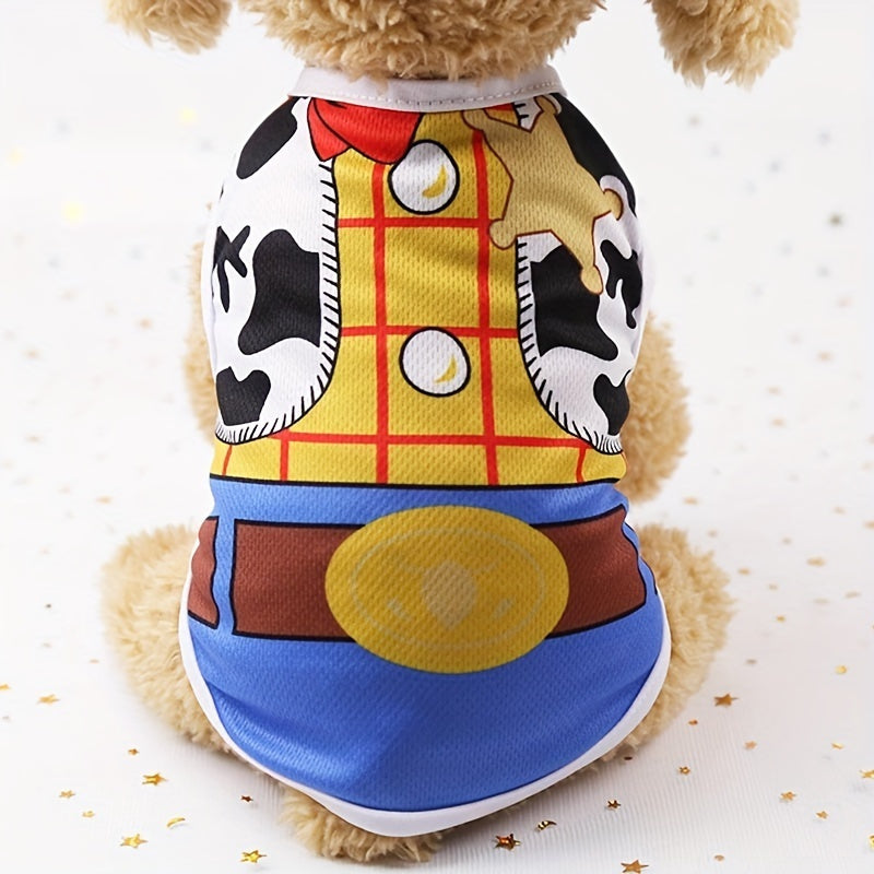 Soft Polyester Cartoon-Themed Dog T-Shirts - Adorable Short Sleeve Vest Tops with Bow & Accessory Details - Easy Pullover Style, Non-Washable, Fits Teddy, Pomeranian & More Small Breeds for Spring/Summer