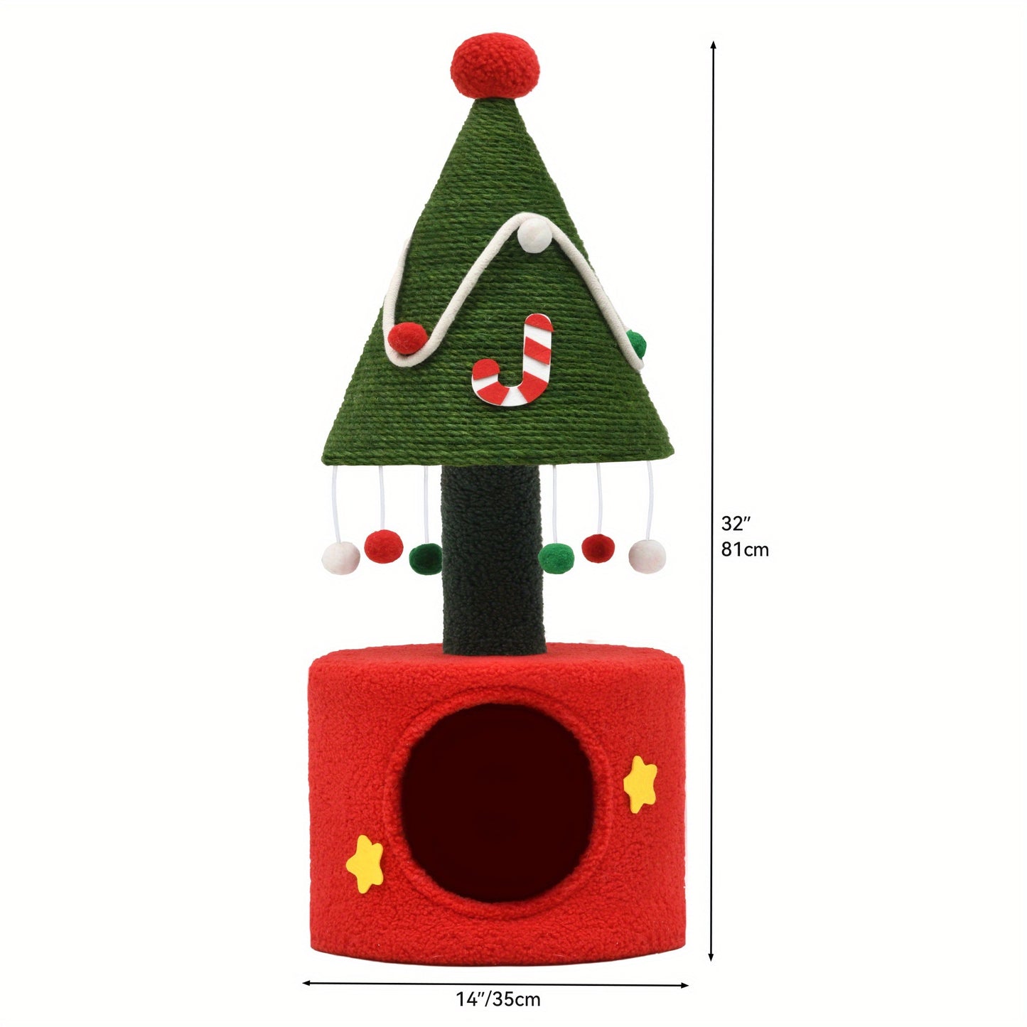 2-Tier Christmas Cat Tree with Plush Ball & Star - Festive Green & White Design, Cat House & Toy for Indoor Cats, Perfect for Holiday Decor, Indoor Cat Furniture | Festive Cat Tree | Star-Topped Tree, Cat Toys