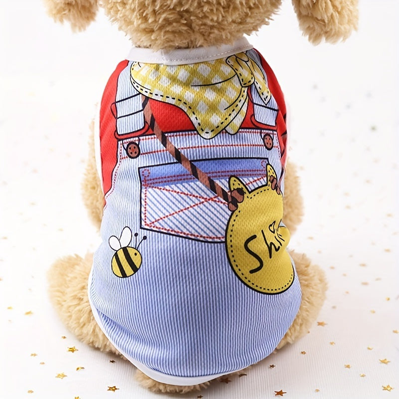 Soft Polyester Cartoon-Themed Dog T-Shirts - Adorable Short Sleeve Vest Tops with Bow & Accessory Details - Easy Pullover Style, Non-Washable, Fits Teddy, Pomeranian & More Small Breeds for Spring/Summer