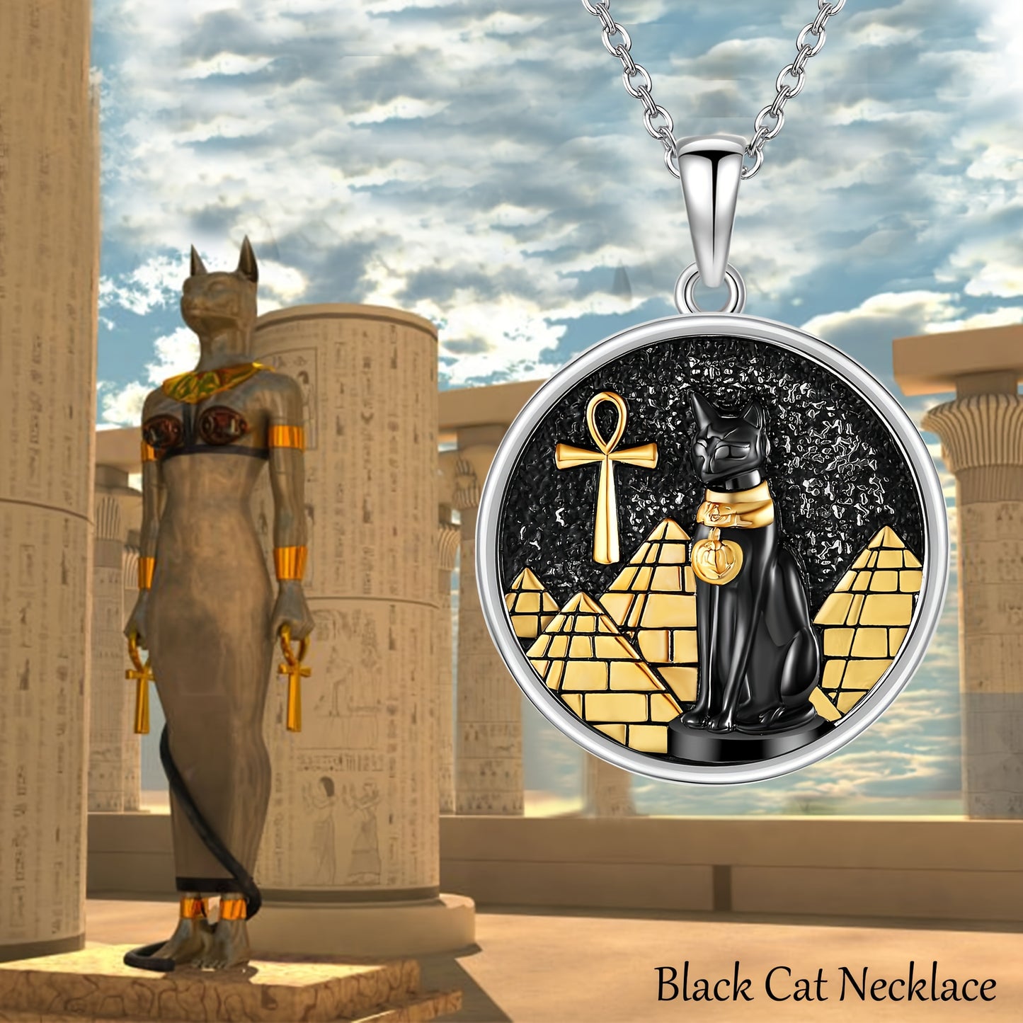 Bastet Cat Necklace Sterling Silver Egyptian Bastet Cat Pendant Necklace Ankh Eye Of Horus Egyptian Cat Jewelry Black Cat Gifts For Women Men