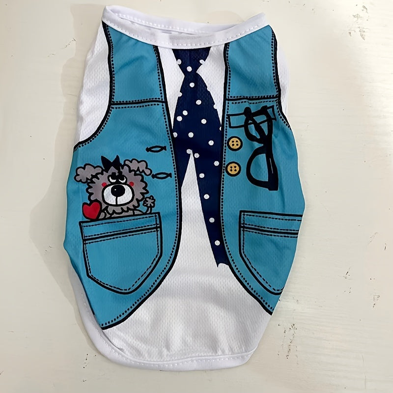 Soft Polyester Cartoon-Themed Dog T-Shirts - Adorable Short Sleeve Vest Tops with Bow & Accessory Details - Easy Pullover Style, Non-Washable, Fits Teddy, Pomeranian & More Small Breeds for Spring/Summer