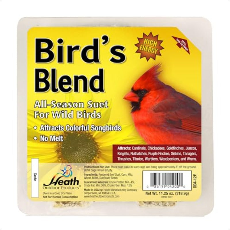 DD412 Heath Bird Suet Yellow 11.25 Ounce Pack of 12, Bird Food, Wildlife Feeding, Bulk Packaging, Simple Design, Durable Packaging, Plastic Container, Treat for Birds, Feeder Pack, Avian Caretakers, Wildlife Lovers
