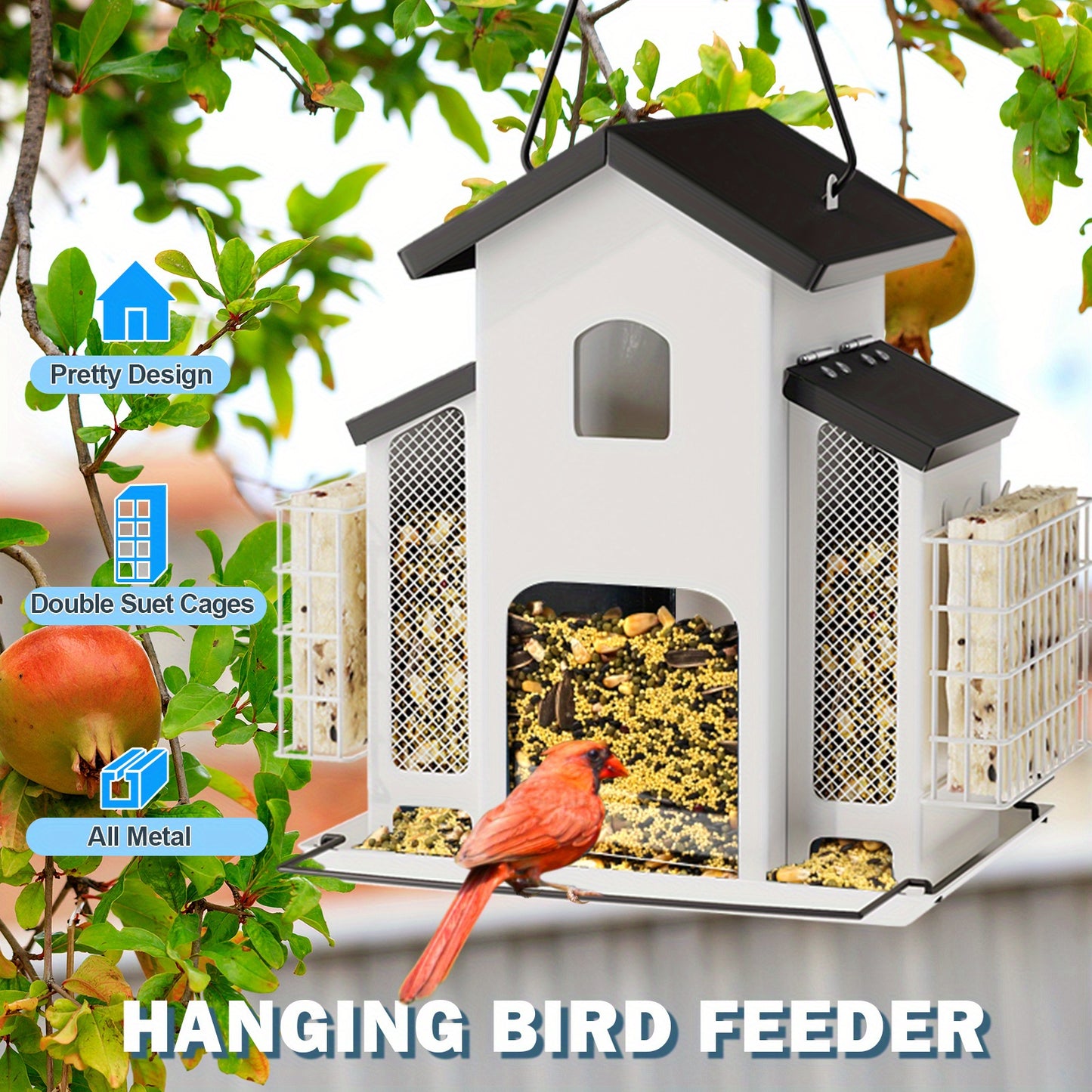 Metal Bird Feeder With 3 Mesh Side Cages - Large Capacity Outdoor Hanging Feeder For Finches, Cardinals, Chickadees - Durable Garden Bird Food Dispenser Attracting Small Birds, Classic Design | Weatherresistant Material, Bird