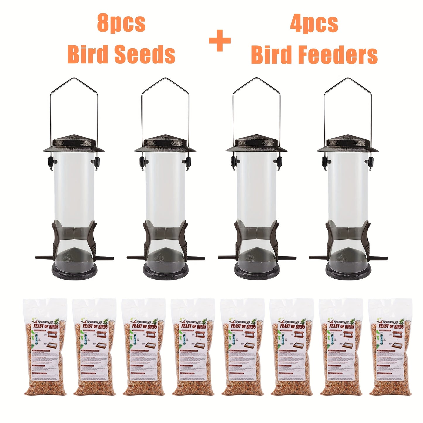 8-Bag Bird Food & 4 Feeder Set: 4 Outdoor Hanging Tube Bird Feeders + 8 Bags Of High-Nutrition Mixed Bird Food, Ready to Use Right Out Of The Box, No Need to Buy Extra Bird Food, Perfect Holiday Gift, Birds' Favorite!
