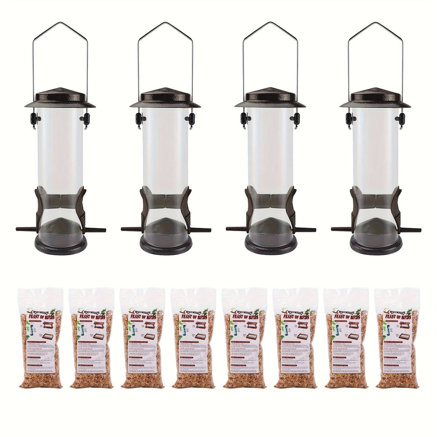 8-Bag Bird Food & 4 Feeder Set: 4 Outdoor Hanging Tube Bird Feeders + 8 Bags Of High-Nutrition Mixed Bird Food, Ready to Use Right Out Of The Box, No Need to Buy Extra Bird Food, Perfect Holiday Gift, Birds' Favorite!