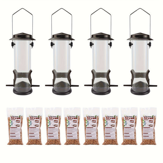 8-Bag Bird Food & 4 Feeder Set: 4 Outdoor Hanging Tube Bird Feeders + 8 Bags Of High-Nutrition Mixed Bird Food, Ready to Use Right Out Of The Box, No Need to Buy Extra Bird Food, Perfect Holiday Gift, Birds' Favorite!