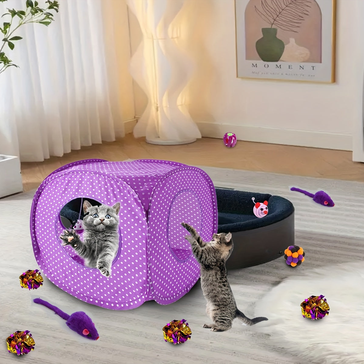 18-Pack Cat Toy Set with Collapsible Tunnel, Assorted Plush Mice, Ball Toys, Teaser Wand, Sisal Mouse, and Bell Balls - Interactive Polyester Blend Cat Toys for Playtime and Teething