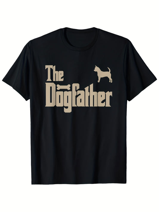 Men'S Vintage-Inspired "The Dogfather" Graphic Tee - Chihuahua Silhouette Design, Beige & Black, Short Sleeve, Round Neck, Casual Crew Neck T-Shirt for Dog Lovers, All-Season Comfort Fit, Dog T Shirts