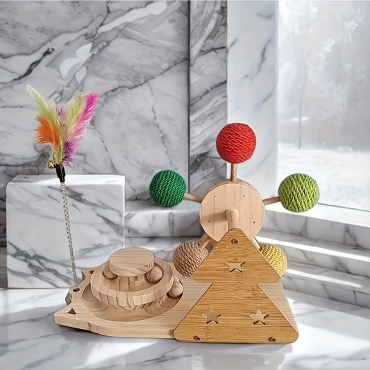 Self-help Boredom Teasing Cat Stick Cat Ferris Wheel Sisal Ball Solid Wood Cat Carousel Base Multifunctional Puzzle Cat Toys, Without Battery