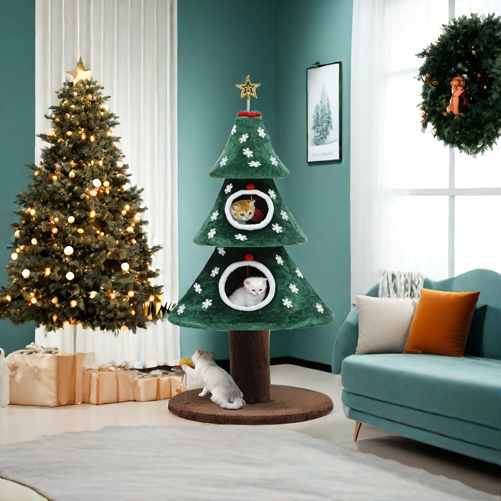 2-Tier Christmas Cat Tree with Plush Ball & Star - Festive Green & White Design, Cat House & Toy for Indoor Cats, Perfect for Holiday Decor, Indoor Cat Furniture | Festive Cat Tree | Star-Topped Tree, Cat Toys