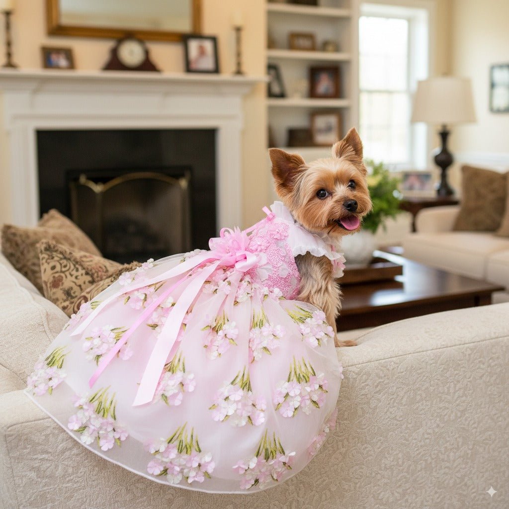 Pet Dress Pink Floral Tulle Gown with Bow - One Stop Shop 4 Pets