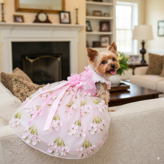 Pet Dress Pink Floral Tulle Gown with Bow - One Stop Shop 4 Pets