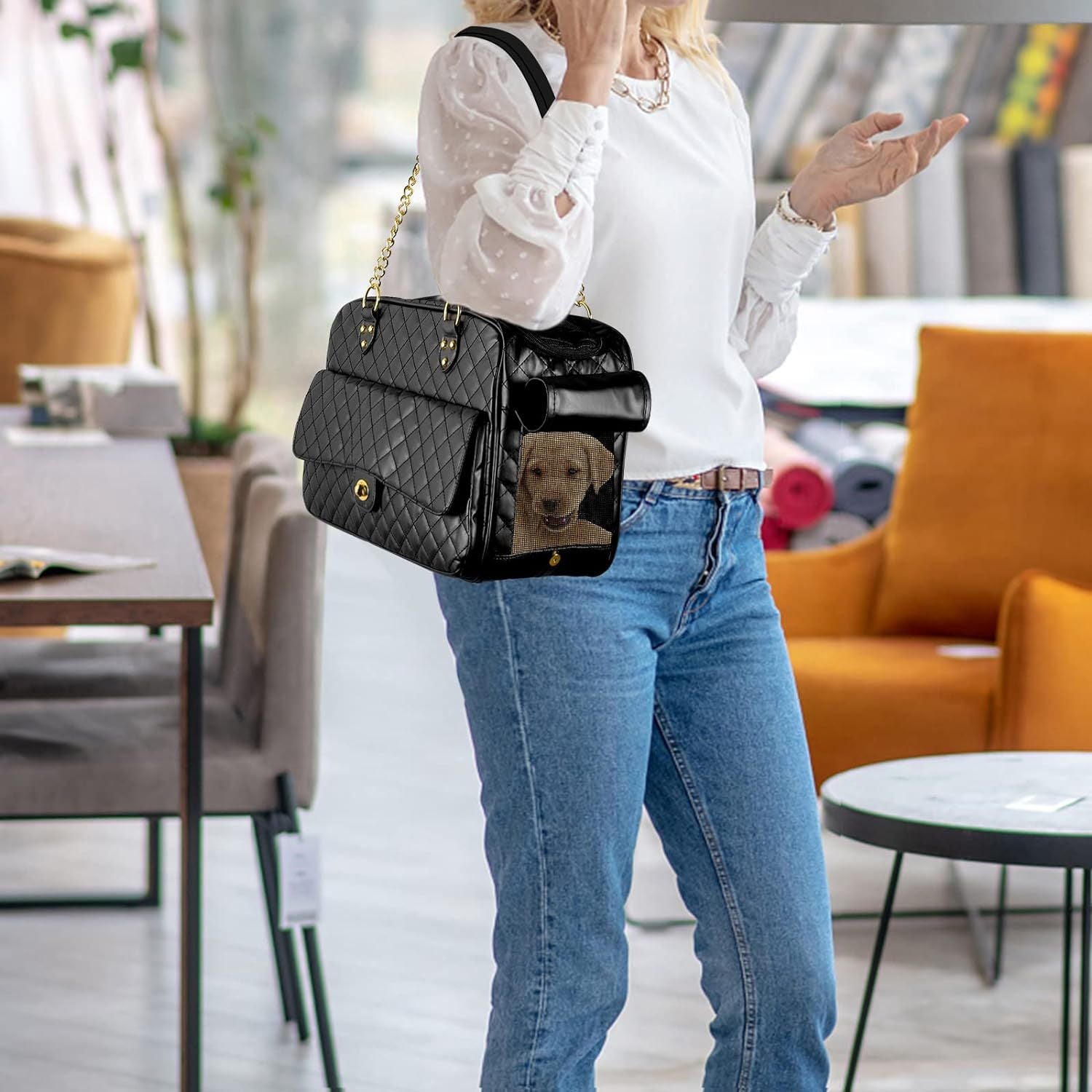 Pet Carrier – Quilted PU Leather with Gold Chain - One Stop Shop 4 Pets