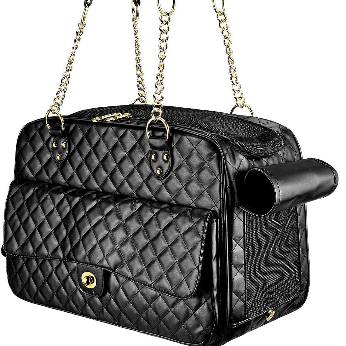 Pet Carrier – Quilted PU Leather with Gold Chain - One Stop Shop 4 Pets