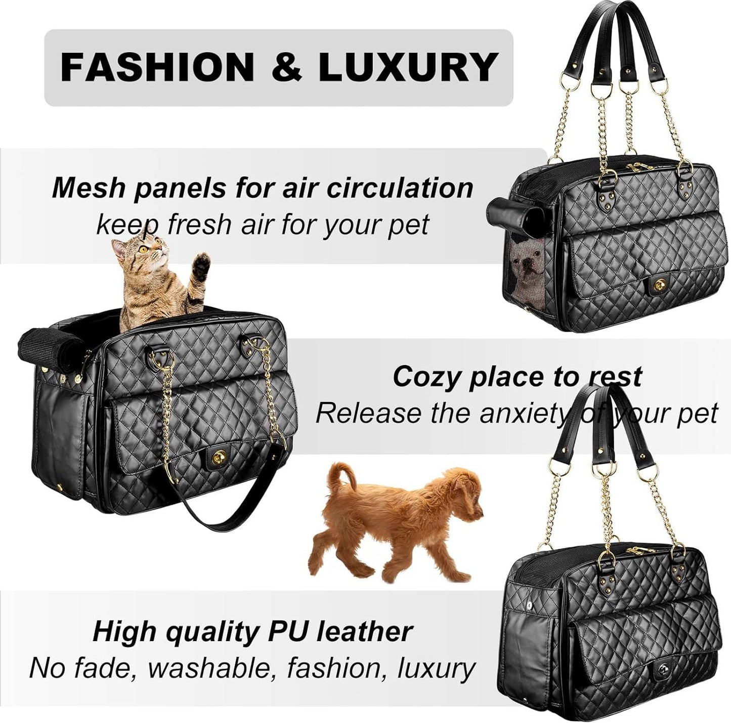 Pet Carrier – Quilted PU Leather with Gold Chain - One Stop Shop 4 Pets