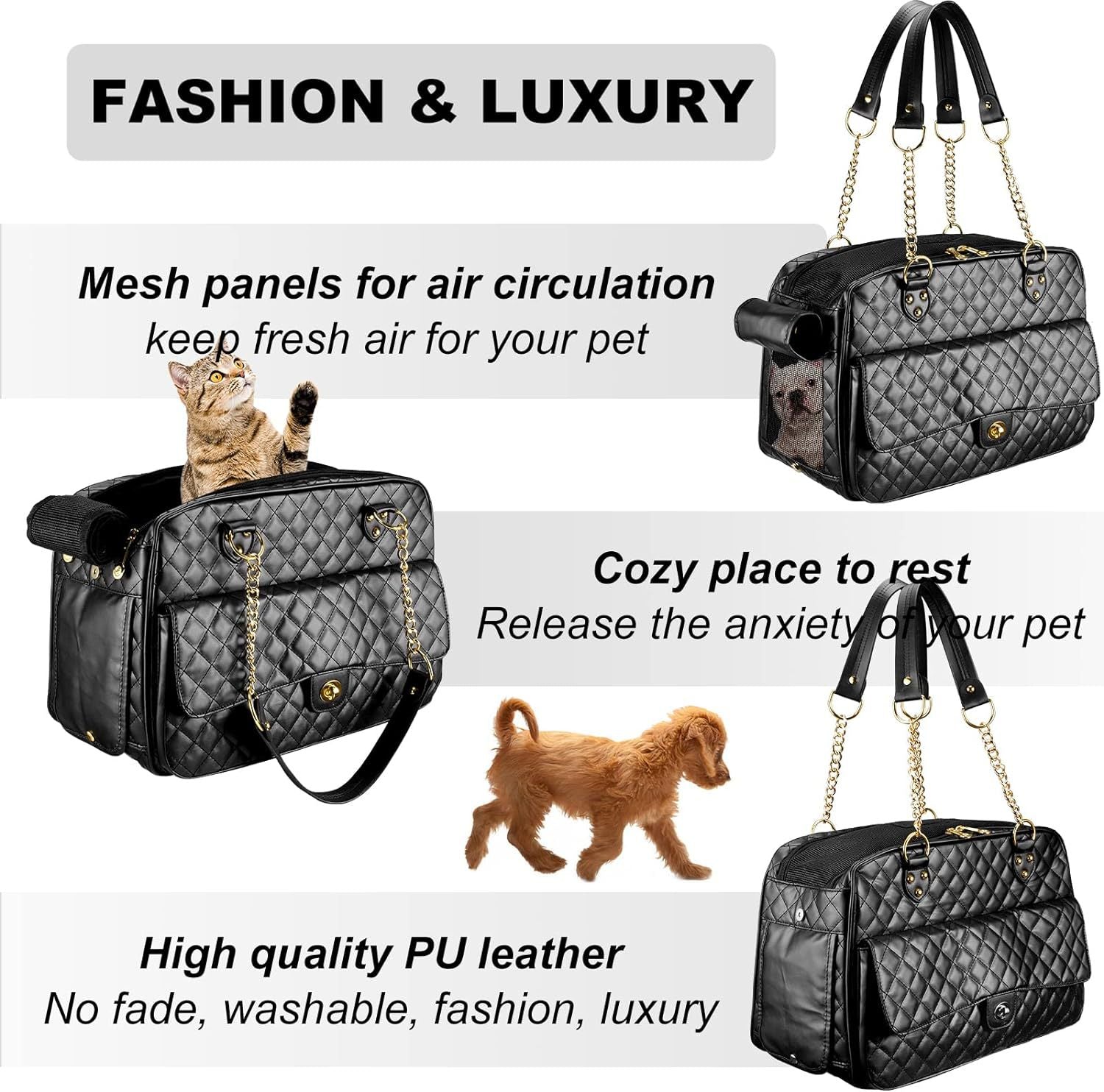 Pet Carrier – Quilted PU Leather with Gold Chain - One Stop Shop 4 Pets
