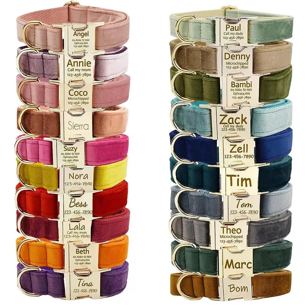 Personalized Dog Collar Velvet Puppy Adjustable Collar for Small Medium Big Dogs Collars with Name Customized ID Tag Engraving