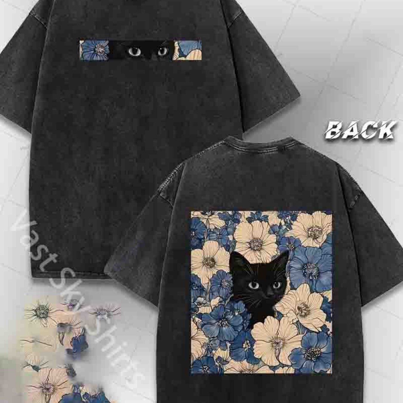 Men'S Casual Street Style T-Shirt, 230G Double-Sided Washed Fabric, Black Cat & Floral Print, Round Neck, Regular Fit, Short Sleeve, All-Season Outdoor Tee, Classic Gift for Hiking & Daily Wear, Hiking Apparel | Street Style