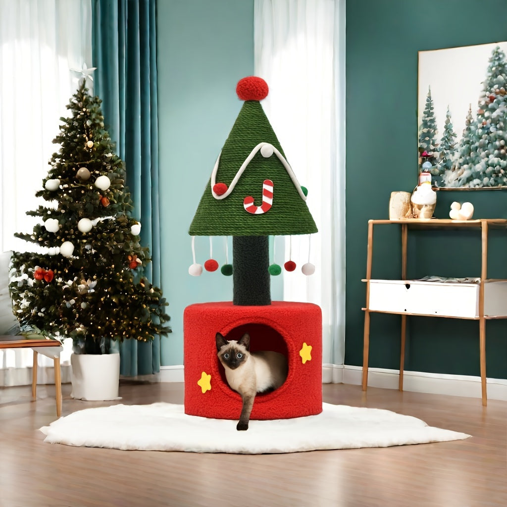 2-Tier Christmas Cat Tree with Plush Ball & Star - Festive Green & White Design, Cat House & Toy for Indoor Cats, Perfect for Holiday Decor, Indoor Cat Furniture | Festive Cat Tree | Star-Topped Tree, Cat Toys