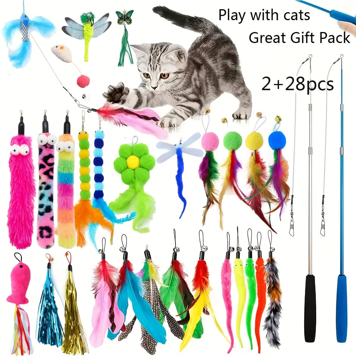 Interactive Cat Toys Including a Retractable Wand And Assorted Feather Refills, Designed to Keep Indoor Cats Entertained And Active, Without Battery