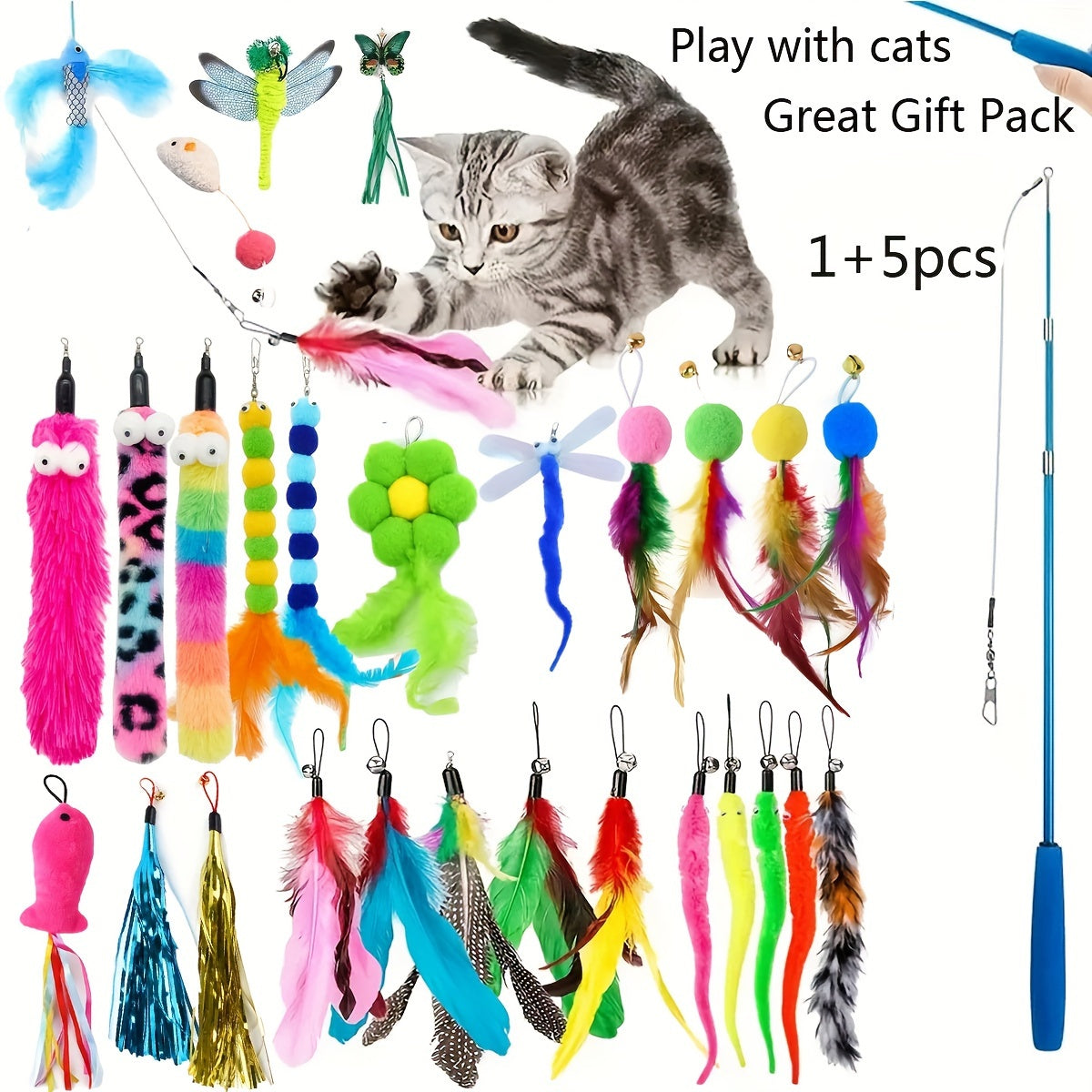 Interactive Cat Toys Including a Retractable Wand And Assorted Feather Refills, Designed to Keep Indoor Cats Entertained And Active, Without Battery