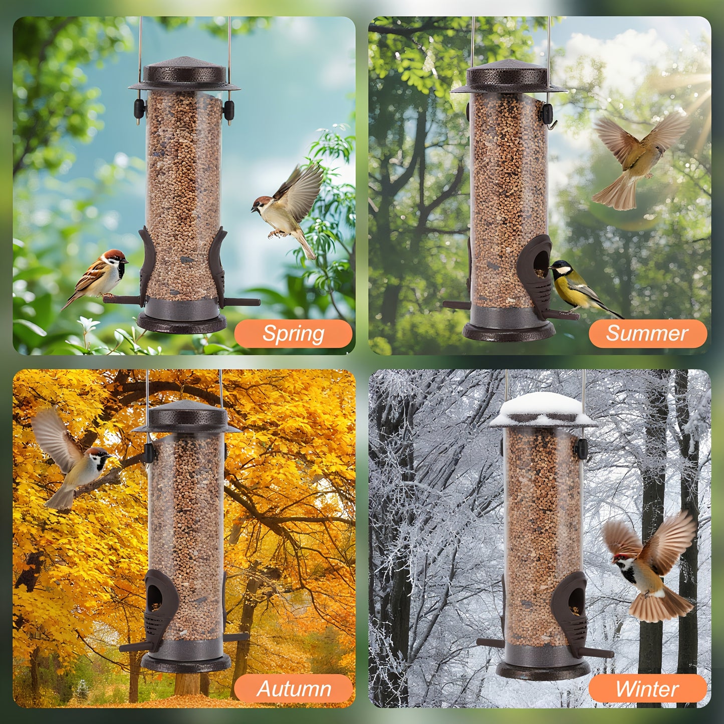 8-Bag Bird Food & 4 Feeder Set: 4 Outdoor Hanging Tube Bird Feeders + 8 Bags Of High-Nutrition Mixed Bird Food, Ready to Use Right Out Of The Box, No Need to Buy Extra Bird Food, Perfect Holiday Gift, Birds' Favorite!