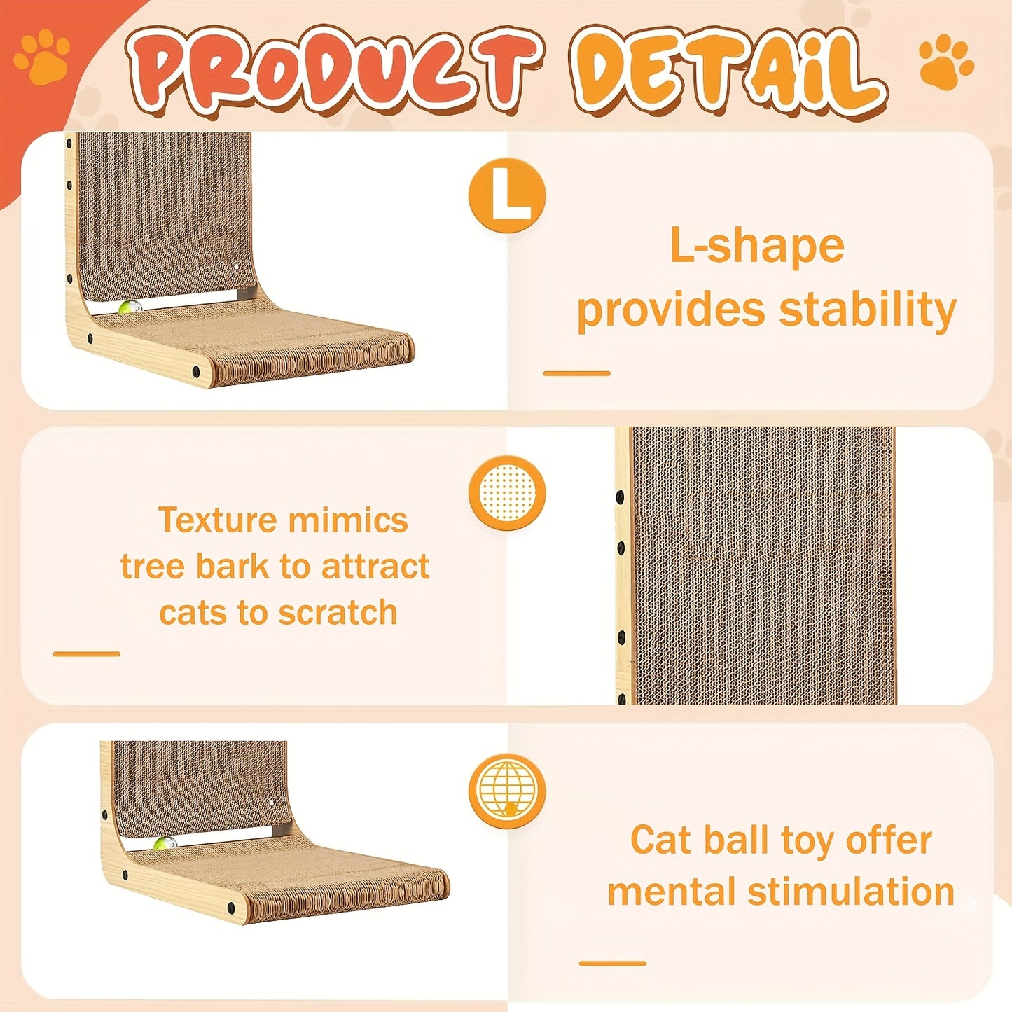 Cat Scratcher, Cat Scratching Post, Cardboard Cat Scratching Board with Ball Toy, Large Vertical L Shape Cat Scratcher Scratch Pads Cat Toys for Indoor Cats
