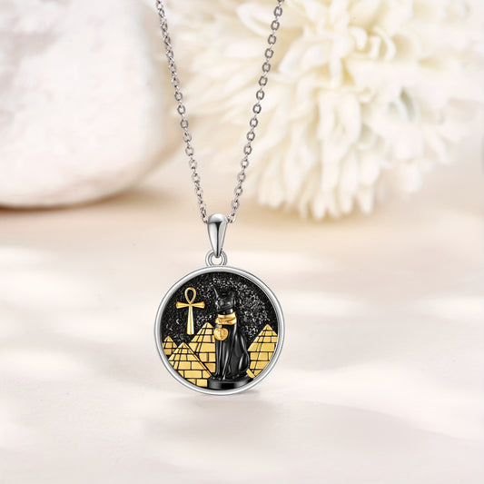 Bastet Cat Necklace Sterling Silver Egyptian Bastet Cat Pendant Necklace Ankh Eye Of Horus Egyptian Cat Jewelry Black Cat Gifts For Women Men