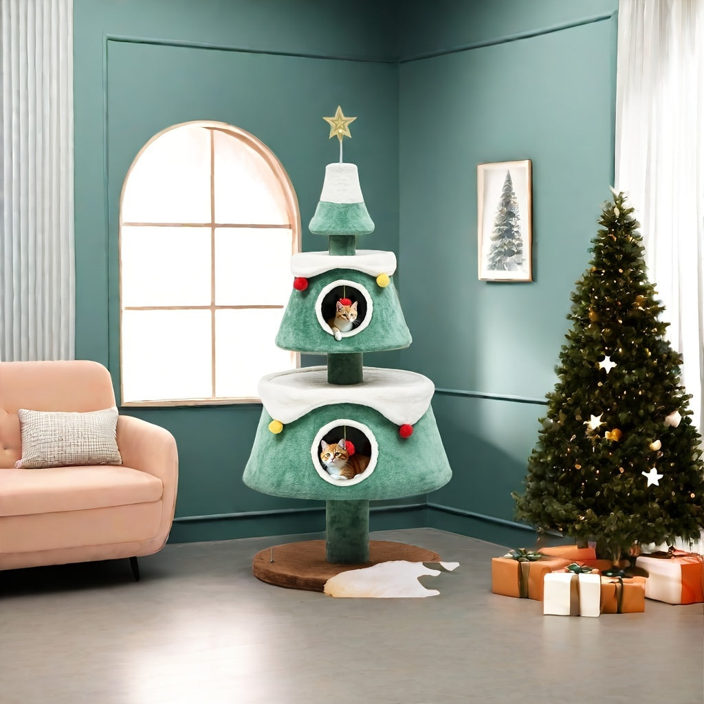 2-Tier Christmas Cat Tree with Plush Ball & Star - Festive Green & White Design, Cat House & Toy for Indoor Cats, Perfect for Holiday Decor, Indoor Cat Furniture | Festive Cat Tree | Star-Topped Tree, Cat Toys