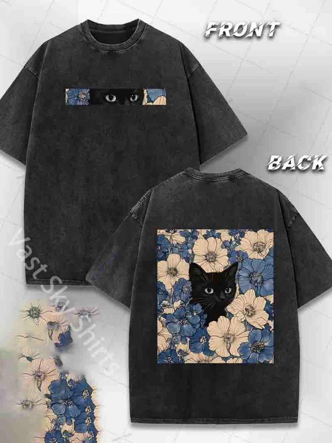 Men'S Casual Street Style T-Shirt, 230G Double-Sided Washed Fabric, Black Cat & Floral Print, Round Neck, Regular Fit, Short Sleeve, All-Season Outdoor Tee, Classic Gift for Hiking & Daily Wear, Hiking Apparel | Street Style