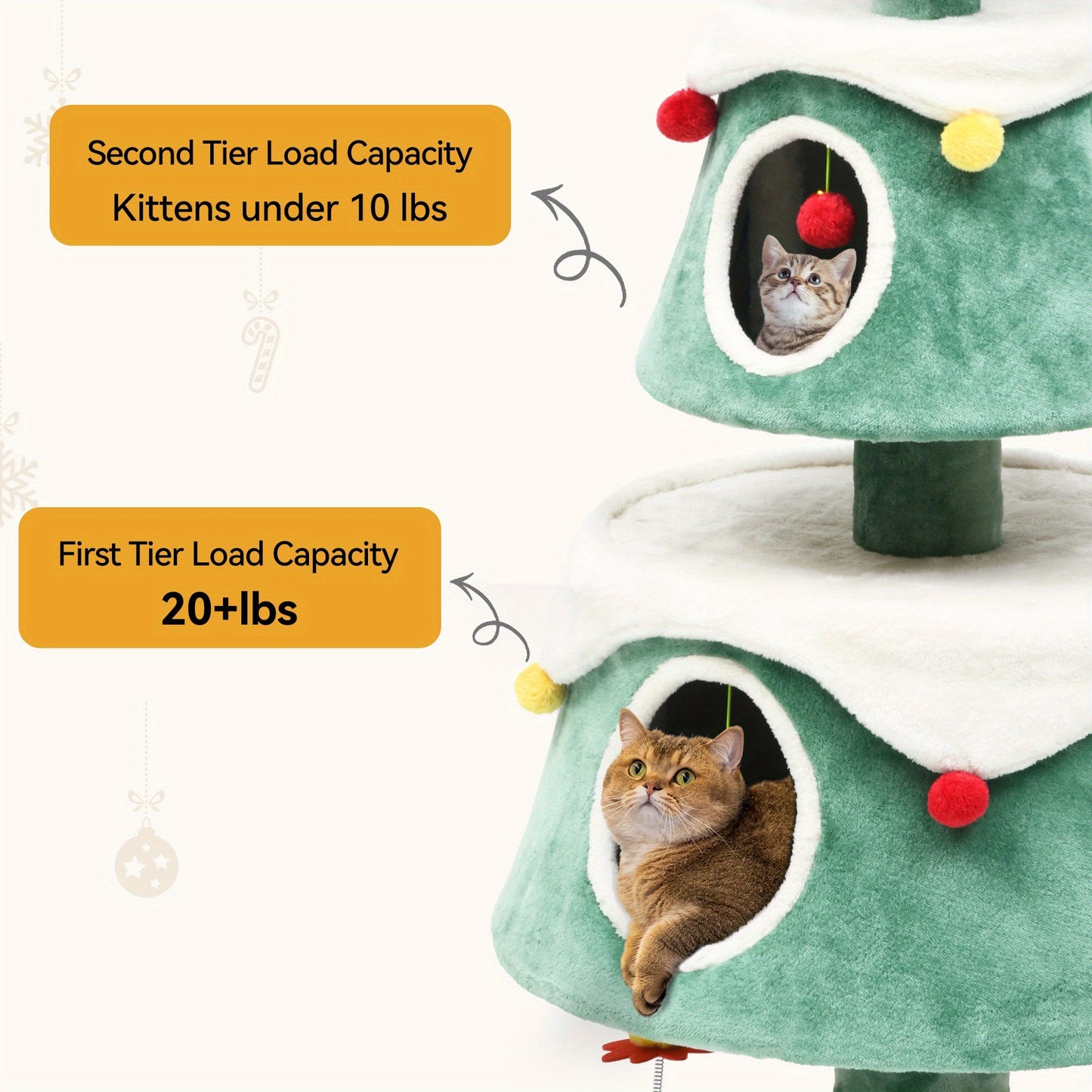 2-Tier Christmas Cat Tree with Plush Ball & Star - Festive Green & White Design, Cat House & Toy for Indoor Cats, Perfect for Holiday Decor, Indoor Cat Furniture | Festive Cat Tree | Star-Topped Tree, Cat Toys