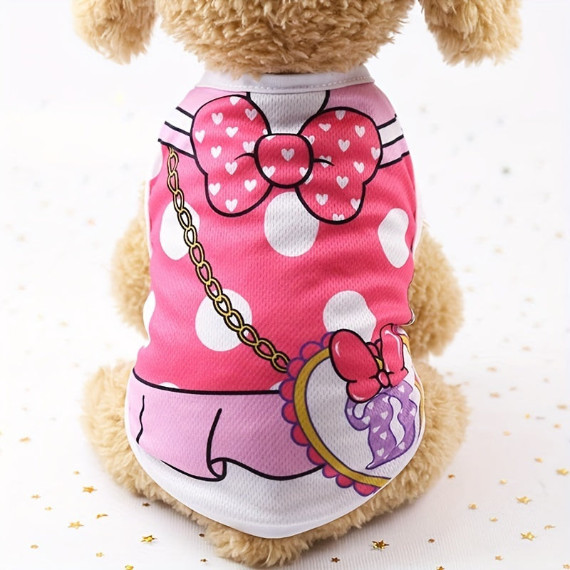 Soft Polyester Cartoon-Themed Dog T-Shirts - Adorable Short Sleeve Vest Tops with Bow & Accessory Details - Easy Pullover Style, Non-Washable, Fits Teddy, Pomeranian & More Small Breeds for Spring/Summer