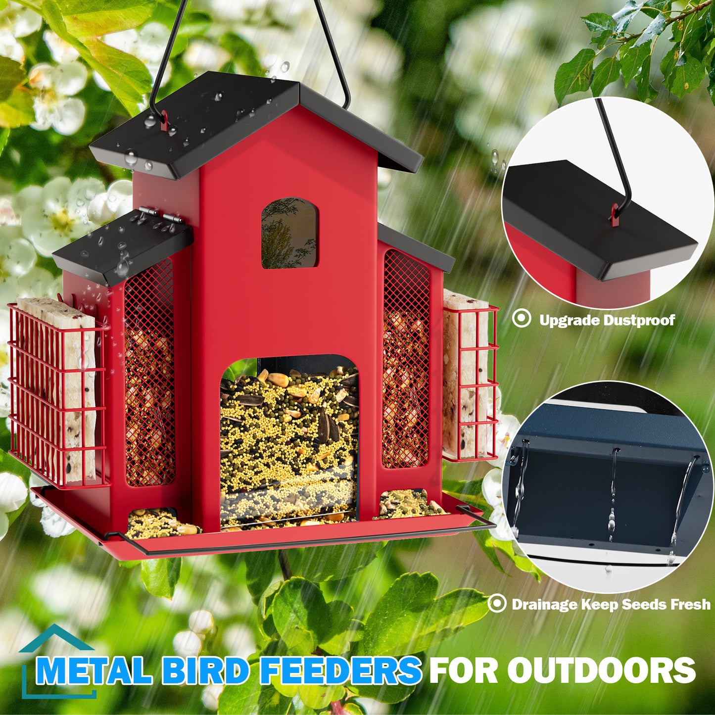 Metal Bird Feeder With 3 Mesh Side Cages - Large Capacity Outdoor Hanging Feeder For Finches, Cardinals, Chickadees - Durable Garden Bird Food Dispenser Attracting Small Birds, Classic Design | Weatherresistant Material, Bird