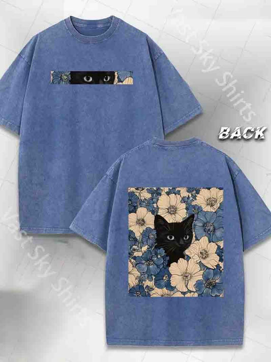 Men'S Casual Street Style T-Shirt, 230G Double-Sided Washed Fabric, Black Cat & Floral Print, Round Neck, Regular Fit, Short Sleeve, All-Season Outdoor Tee, Classic Gift for Hiking & Daily Wear, Hiking Apparel | Street Style