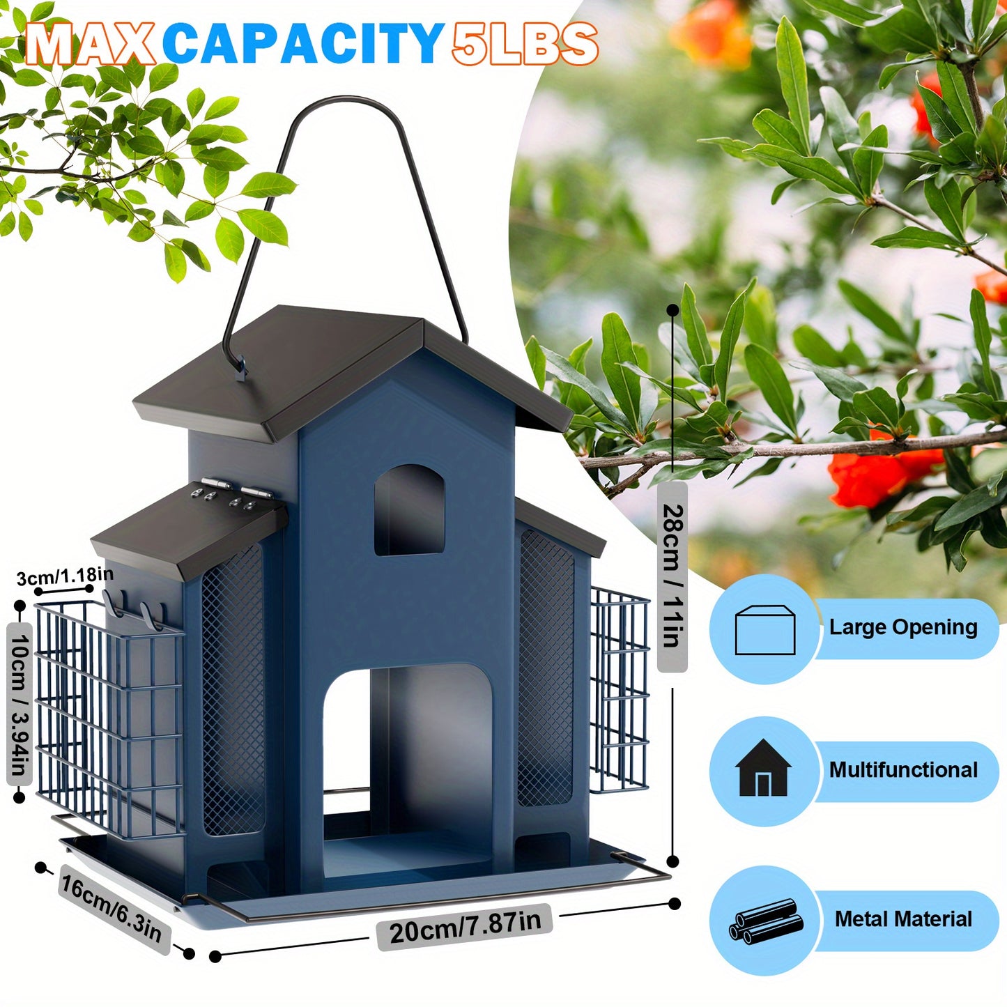 Metal Bird Feeder With 3 Mesh Side Cages - Large Capacity Outdoor Hanging Feeder For Finches, Cardinals, Chickadees - Durable Garden Bird Food Dispenser Attracting Small Birds, Classic Design | Weatherresistant Material, Bird