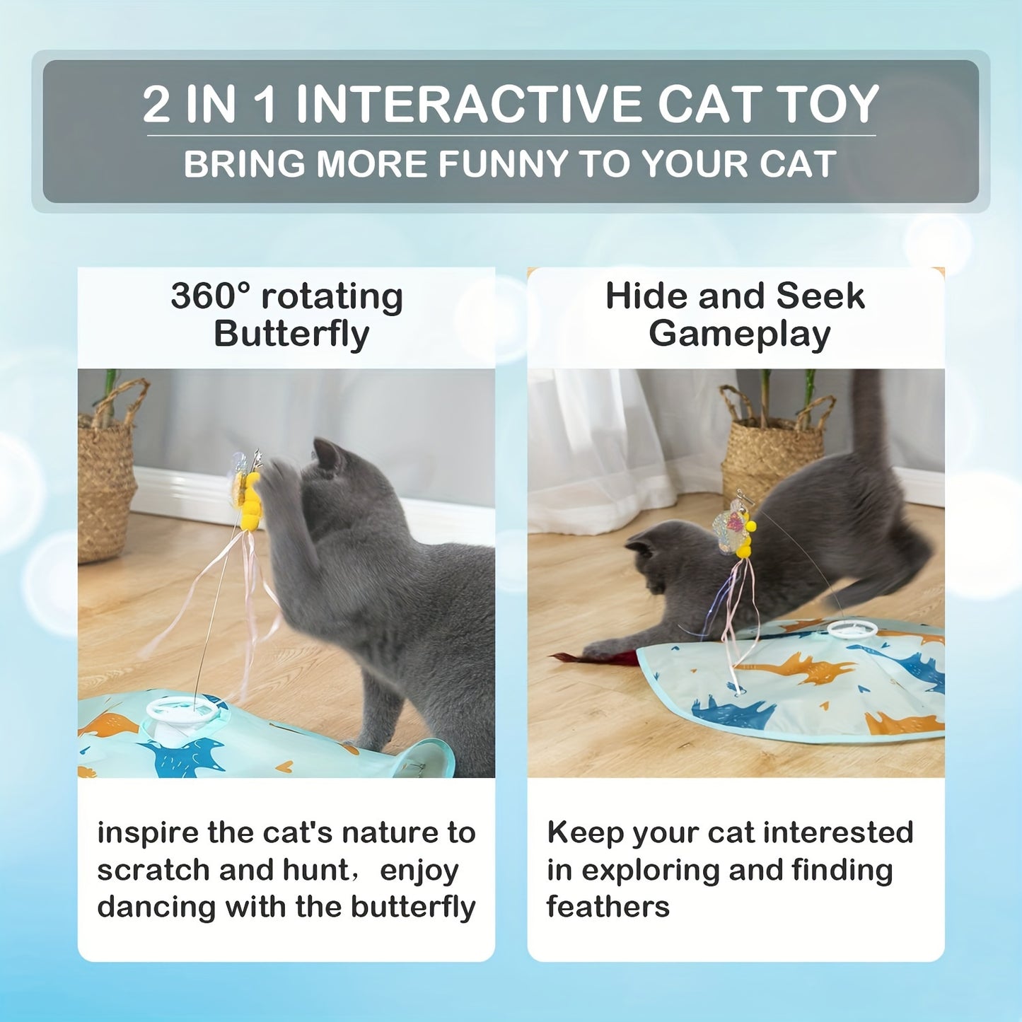 Valonii 2-in-1 Rechargeable Motion Activated Interactive Cat Toys - Long Lifetime Motor, Butterfly/Feather Wand - For Indoor Cats - Exercise & Entertainment - Perfect Gift for Cat Owners